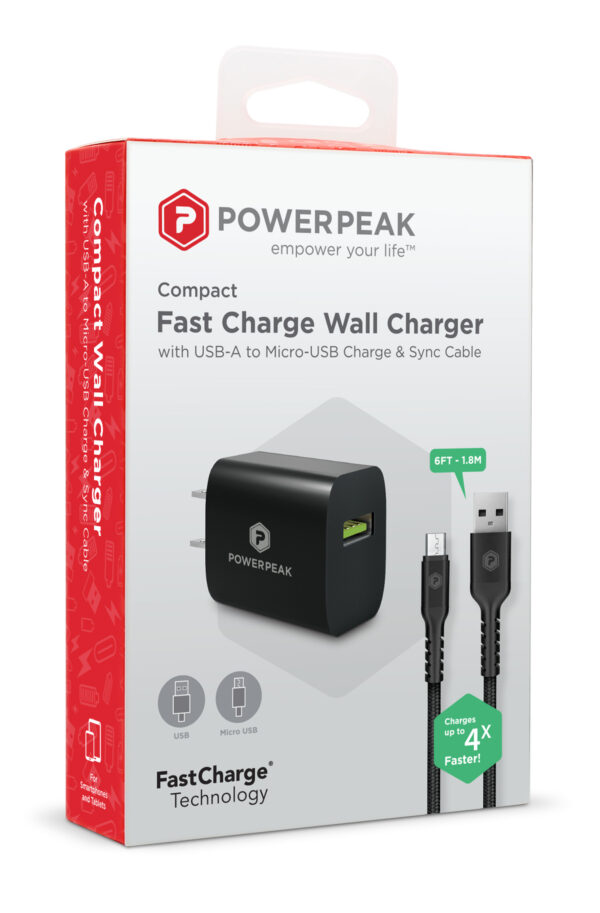 PowerPeak Quick Charge 3.0 Micro Wall Charger with 6ft Braided Cable - Black - Image 4