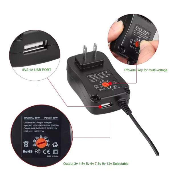 3-12V 2.5A 30W Adjustable AC to DC Power Adapter with USB Port - Image 2